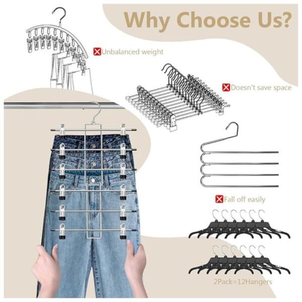 360° rotatable hook pants hangers for easy accessibility and storage.