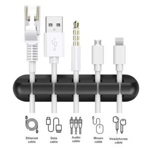 Cable Clips Cord Holder neatly organizing phone charging cables, USB cords, and power wires on a desk