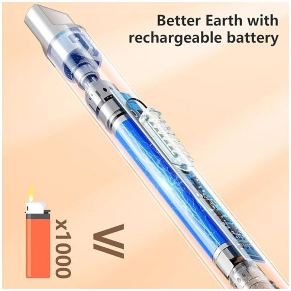 Rechargeable electric lighter in use for BBQ grill and campfire lighting.