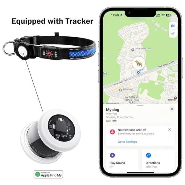 Smartphone screen showing Apple Find My app tracking a pet dog wearing the tracker collar