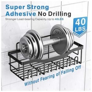 Strong adhesive bathroom shelves with no drilling required, supporting up to 40 lbs for a secure, durable hold