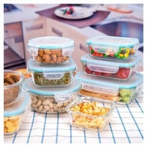 Glass food storage containers with a nesting design for space-saving storage