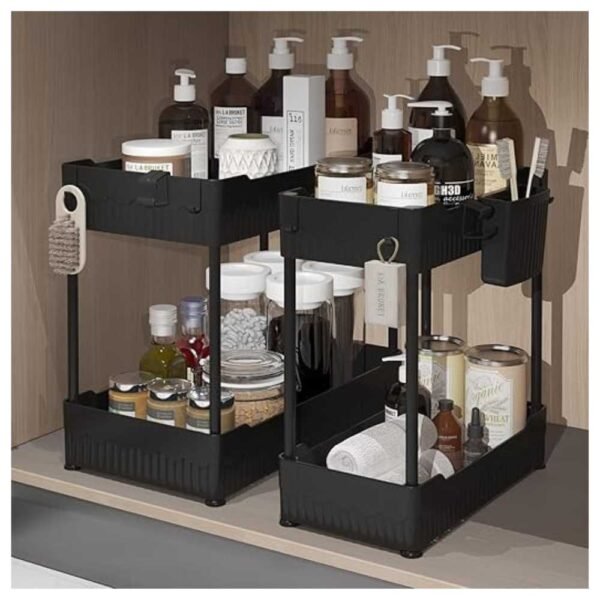 2-Pack under sink organizer with large and medium baskets, perfect for kitchen, bathroom, or office storage.