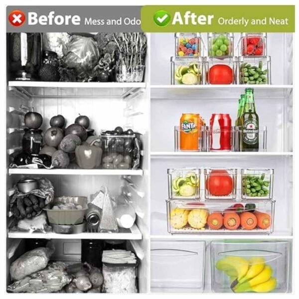 10-Pack Stackable Fridge Organizer Bins, Clear, Curved Handle, Keeps Food Fresh, Clean & Organize Your Space