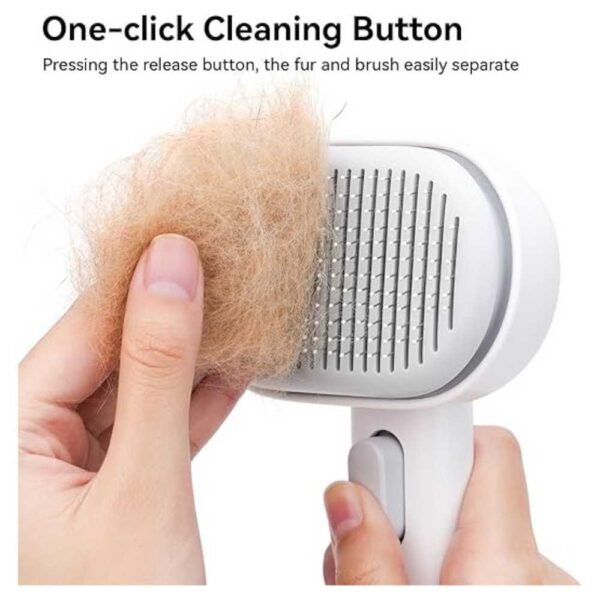 Slicker cat brush with stainless steel bristles, one-click cleaning button, and hangable design