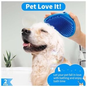 Dog enjoying a bath with the Dog Shampoo Brush, looking relaxed and happy