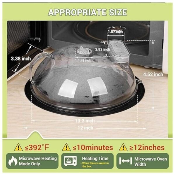 Microwave Splatter Cover with Integrated Handle, Transparent Tank, and Food-Grade Silicone Mat - Perfect Size for 10” Plate