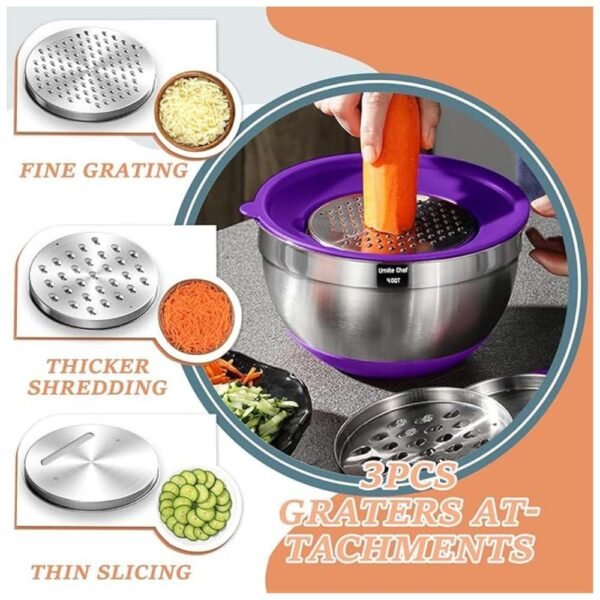 Fine grating, thicker shredding, and thin slicing attachments for versatile food prep directly into mixing bowls