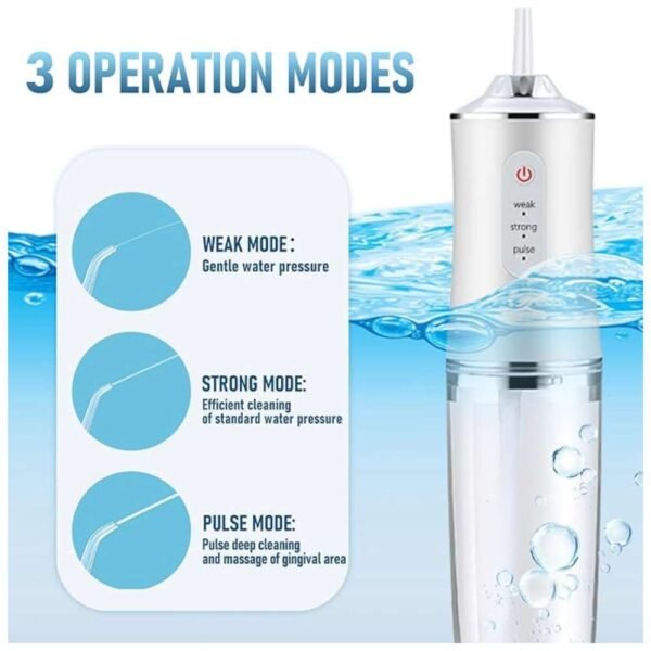 Electric water flosser with 80-120 PSI pressure and 3 modes, showing the device and water flow