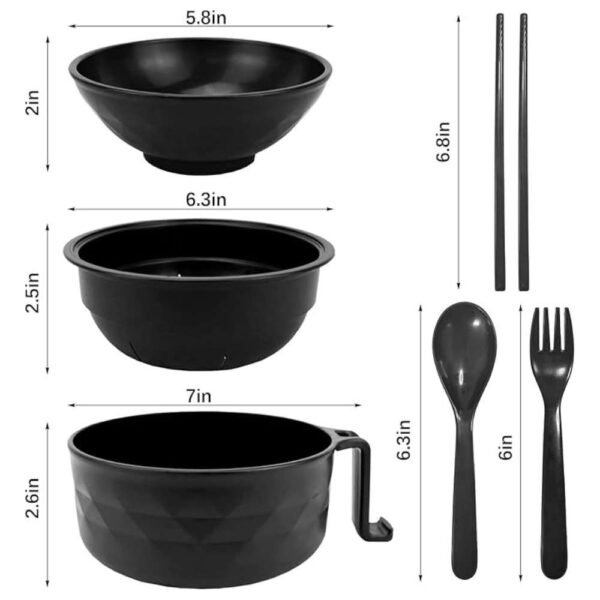 Complete Ramen Bowl Set with chopsticks (6.9"), spoon (6.3"), and fork (6.1") for easy noodle meals.