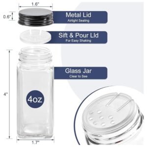 Close-up of glass spice jars with black lids and dual-purpose sifter pour design
