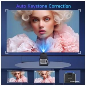 Alwtniet HY320 Pro projector demonstrating auto vertical keystone correction for perfectly aligned projections