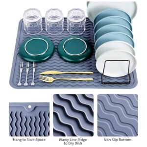 Non-slip Silicone Dish Drying Mat with visible raised ridges for stability and efficient water drainage on kitchen counters