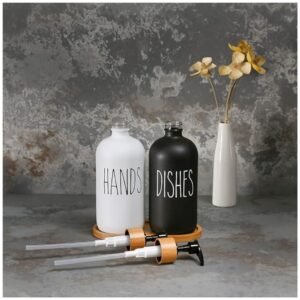 Stylish Glass Soap Dispenser Set with black and white labels, adding a farmhouse touch to the kitchen