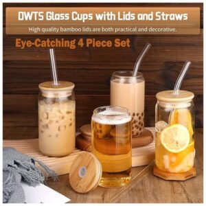 High-quality Glass Cups with Lids and Straws, perfect for iced coffee or cocktails