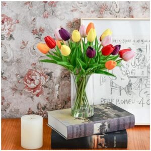 Elegant glass vase with lifelike artificial tulips for home and office decoration
