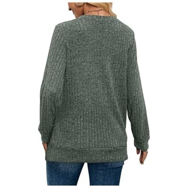 Back view of a woman wearing a lightweight V-neck long sleeve tunic sweater