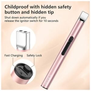 USB rechargeable long lighter with safety switch and hidden lock.