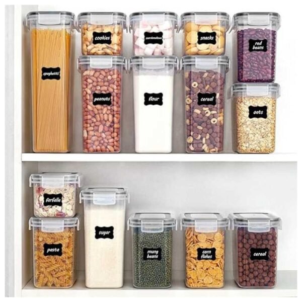 Food storage containers neatly arranged in a cabinet, showcasing an organized and clutter-free pantry space