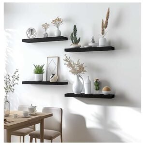 Set of 6 rustic wood floating shelves mounted on a wall, showcasing a stylish and organized home space