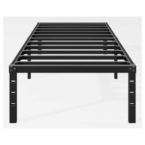 A sleek black metal bed frame with a minimalist design