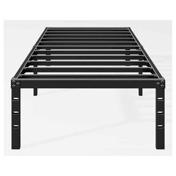 A sleek black metal bed frame with a minimalist design