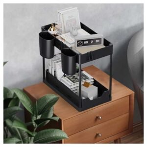 2-tier under sink organizer displayed on a wooden table, featuring sliding drawers, detachable hooks, and hanging cups, used for storing books, decor, and office supplies