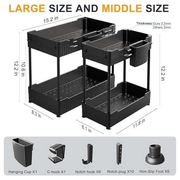 Adjustable hooks and hanging cups on the under sink organizer, offering extra storage space for cleaning supplies and more