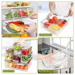 10-Pack Stackable Fridge Organizer Bins, Clear with Curved Handle, Easy to Clean, Keeps Fresh Stable