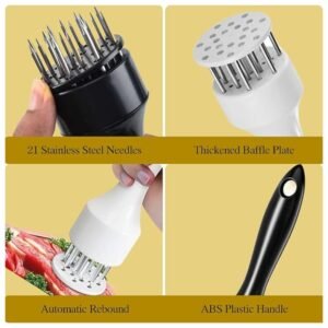 Meat Tenderizer Tool with 21 Stainless Steel Needles, Thickened Baffle Plate, Automatic Rebound, and ABS Plastic Handle