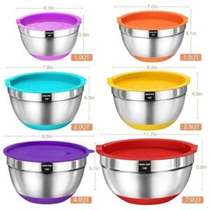 Mixing bowl dimensions: 7QT, 4QT, 2.5QT, 2QT, 1.5QT, 1QT, designed for versatile kitchen tasks and efficient storage.