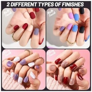 Comparison of matte and glossy short press on nail finishes in vibrant colors.