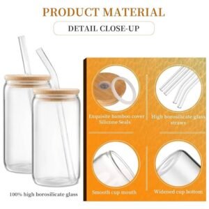 Clear Glass Cups with Bamboo Lids and Straws, dishwasher safe and temperature resistant