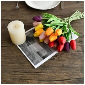 Elegant glass vase with lifelike artificial tulips for home and office decoration
