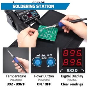 Soldering iron and hot air gun of the 882D 2-IN-1 station showing ergonomic design and precise control features.