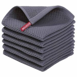 Neatly Folded View of 100% Cotton Waffle Weave Kitchen Dish Cloths in Dark Grey