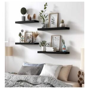 Set of 6 rustic wood floating shelves mounted on a wall, showcasing a stylish and organized home space