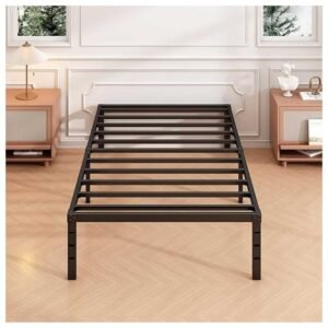 A sleek black metal bed frame with a minimalist design