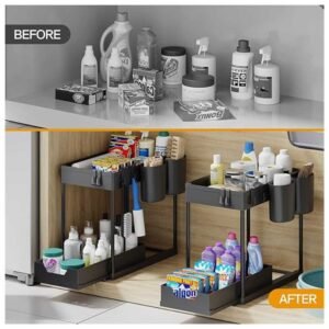 A neat under sink area featuring a 2-tier organizer holding various household items for a clutter-free look