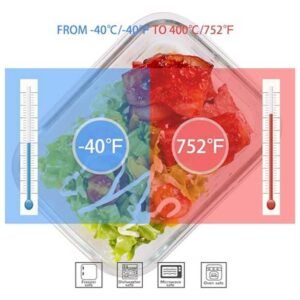 Glass containers safe for oven, microwave, freezer, and dishwasher use, with heat resistance up to 400℃/752℉