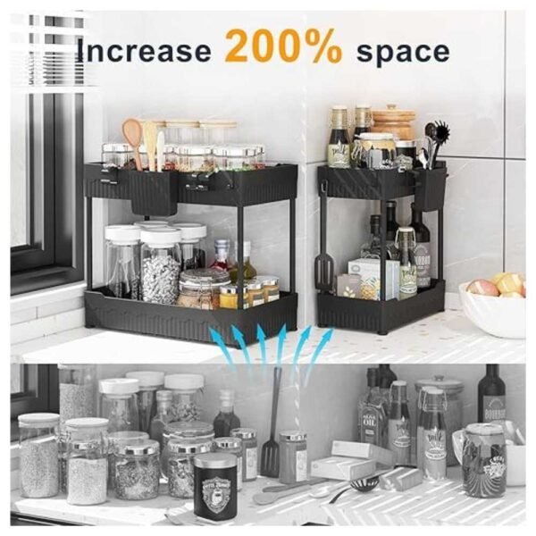 Under sink organizer in use under a bathroom sink, providing efficient and organized storage for cleaning products.