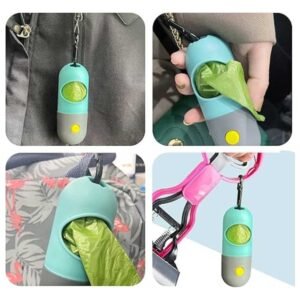 Dog Poop Bag Dispenser with black metal carabiner clip for easy attachment to your dog's leash