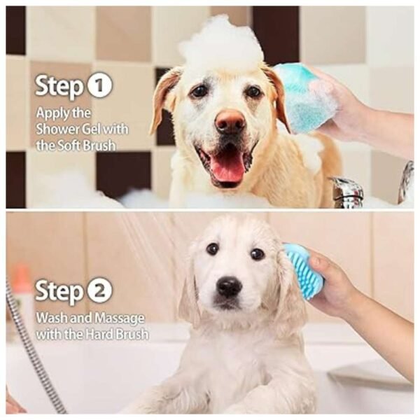 Step-by-Step Guide for Using Dog Bath Brush - Fill Shampoo, Squeeze for Foam, Gently Scrub with Soft Silicone Bristles, and Rinse