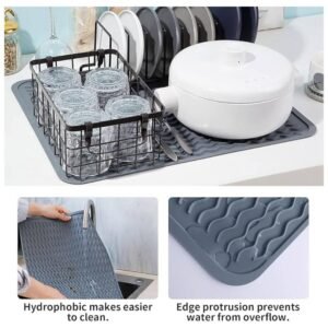 Washable Silicone Dish Drying Mat displaying clean dishes, with a view of raised ridges for airflow and quick drying.
