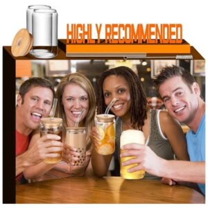 Highly recommended 16oz Glass Cups with Lids and Straws on kitchen counter, perfect for hot and cold drinks
