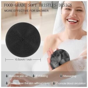 Shower brush with soft silicone bristles, measuring 3.0” in diameter and 5.5” in height, perfect for exfoliating and cleansing.