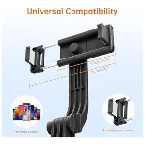 Phone tripod with 67-inch maximum height, 10.2-inch tripod legs, and compact design