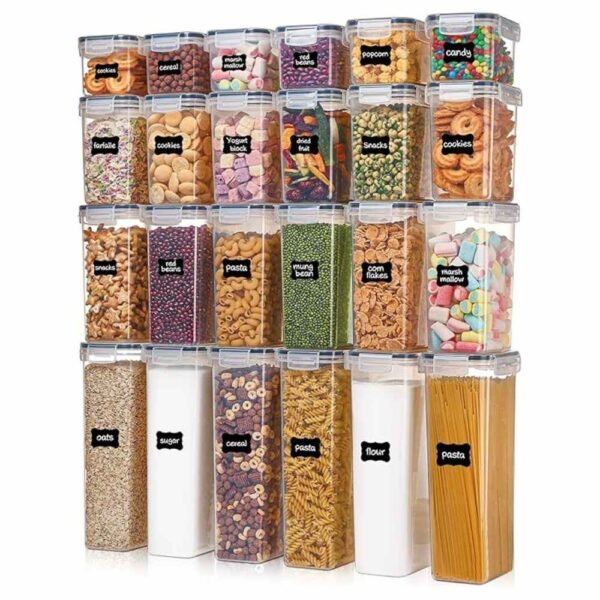 Set of 24 food storage containers in various sizes, ideal for kitchen and pantry organization