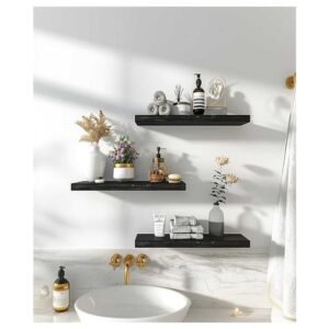 Set of 6 rustic wood floating shelves mounted on a wall, showcasing a stylish and organized home space