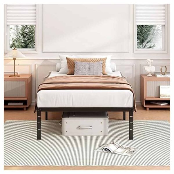 A sleek black metal bed frame with a minimalist design